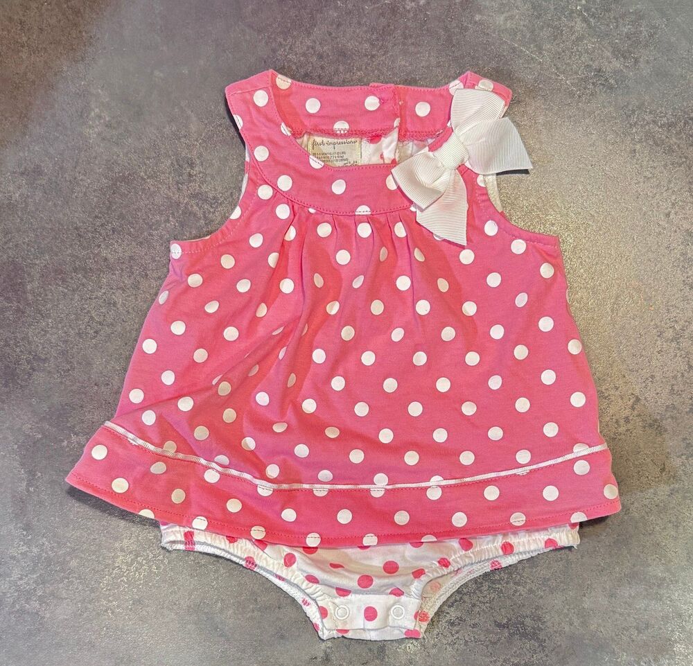 First Impressions Polka Dot Dress Bodysuit 6-9M Pink White Bow Infant Outfit
